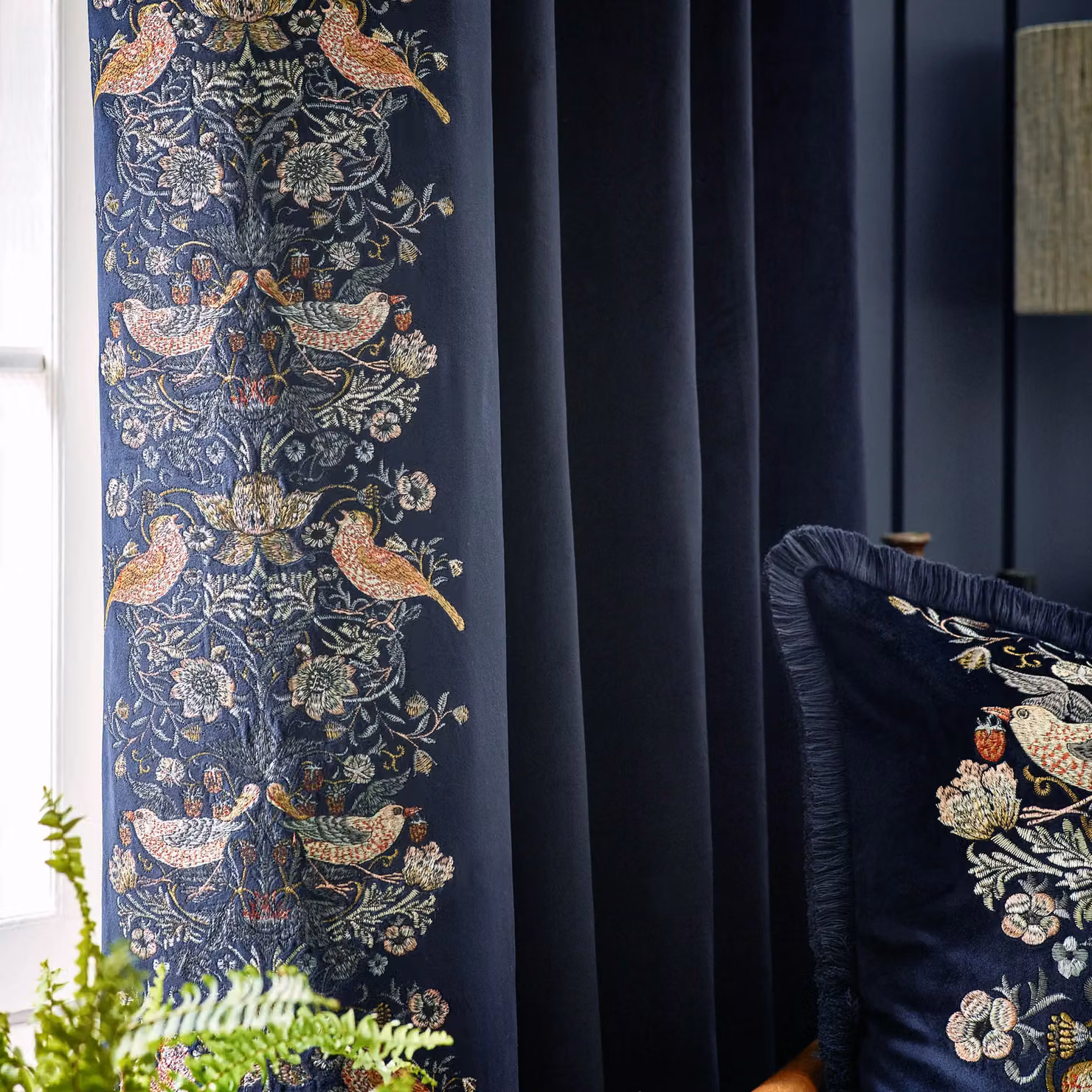 Morris & Co. Strawberry Thief Embroidered Velvet Pencil Pleat Curtains, Indigo, Width: 168 cm, Drop: 137 cm – 3