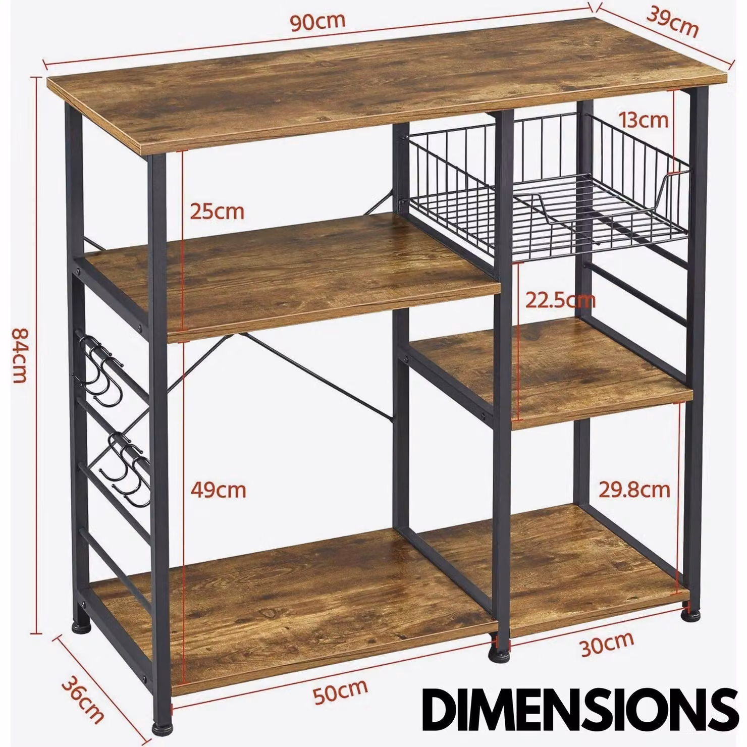 Rafaelo Mobilia Industrial Kitchen Baker's Rack with Storage Shelves and Hooks in Brown – 2