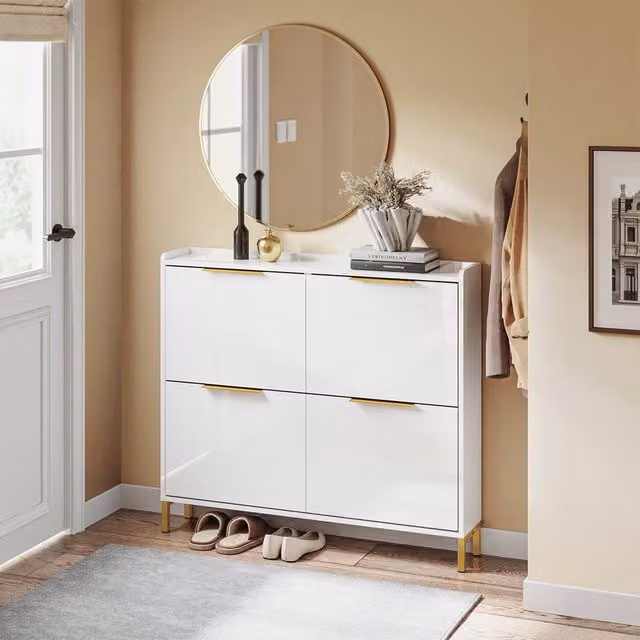 SoBuy Slim Scandinavian Shoe Cabinet in Glossy White with Gold Handles – 1