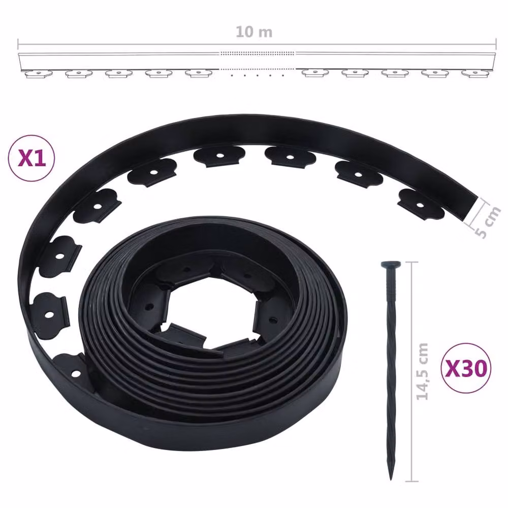 Berkfield Home Premium Flexible Lawn Edging in Black with 30 Pegs, 10 m Length – 5