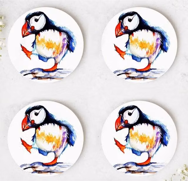 Be Coventry Art Round Puffin Coasters in Blue and Multicolour