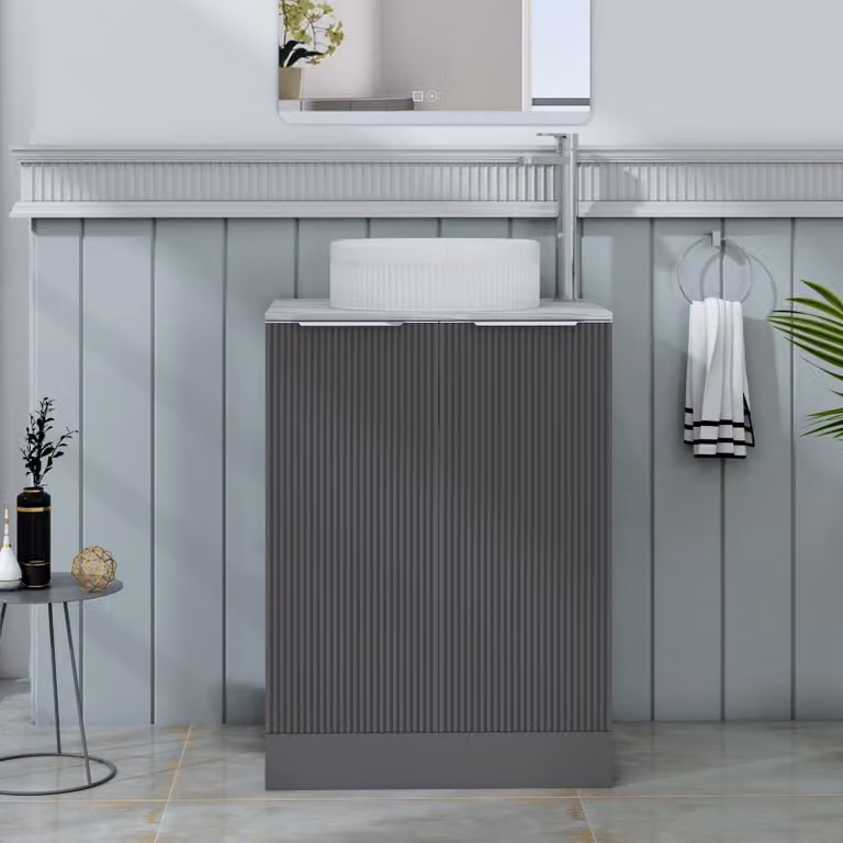 Royal Bathrooms Evora 600mm Graphite Grey Fluted Floor Standing Countertop Vanity Unit with 2 Soft Close Doors and Round Basin