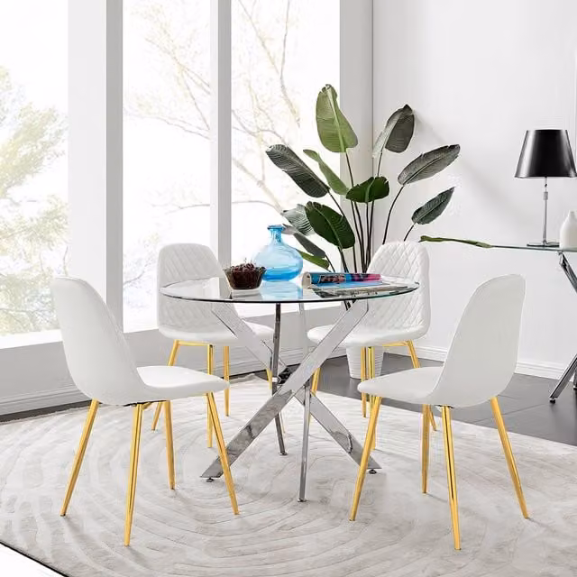FurnitureboxUK Novara Round Glass Dining Table and 4 Corona Gold Dining Chairs in White and Gold