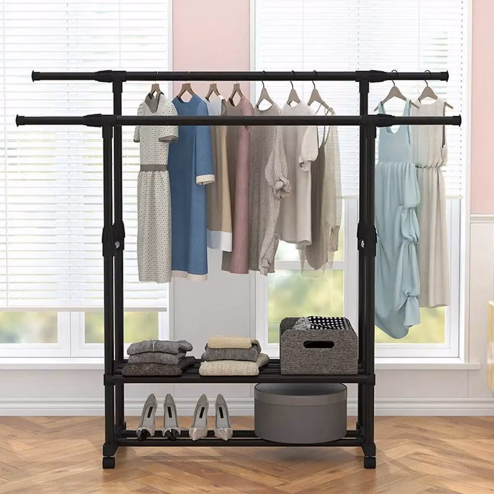 NESTLUNE Heavy Duty Double Clothes Rail Rack in Matt Black Metal – 3