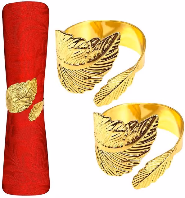 Neel Blue Gold Leaf Napkin Ring Set of 4 Metal Serviette Buckles in Blue and Gold