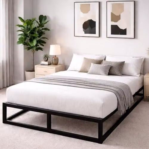 House Of Home Black Metal Platform Double Bed Frame with Under Bed Storage Space, W/D/H: 140 x 200 x 25 cm