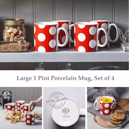 WM Bartleet & Sons 1750 Set of 4 Red and White Dotted Porcelain Mugs, 568 ml – 2