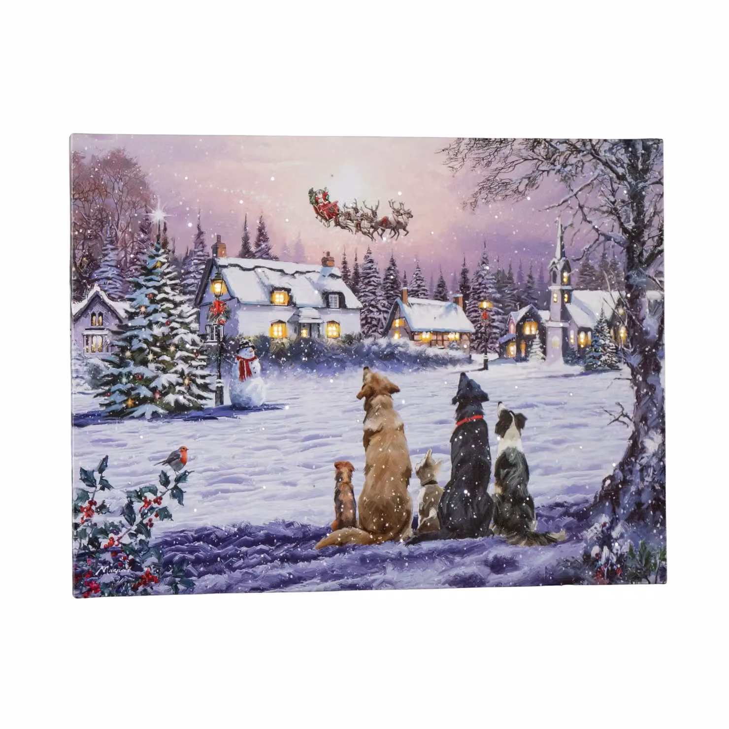 Samuel Alexander Multicolour Dogs Watching Santa Christmas Battery Operated Light Up Fibre Optic Wall Canvas, W: 40 cm, H: 30 cm – 5
