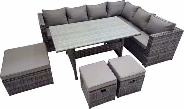Fimous 9 Seater Patio Dining Corner Sofa Set with 3 Footstools in Dark Grey Mixed Rattan