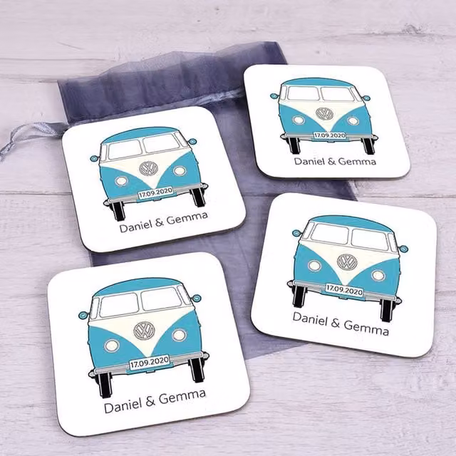 Uniqueful Personalised Camper Van Wooden Coaster Set of 4, Multicolour