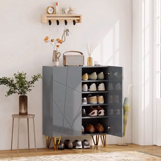 HOMCOM Modern Grey Freestanding Shoe Storage Cabinet with Soft Close Hinged Doors and Internal Shelves
