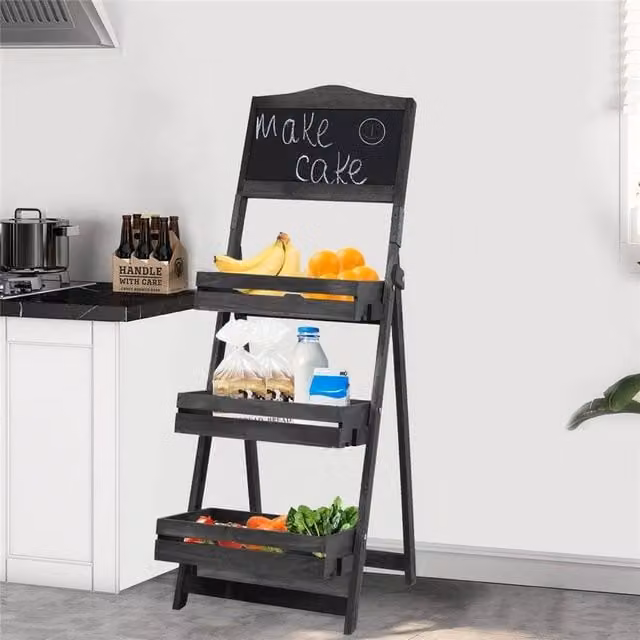 Kelvenix Ladder Plant Stand and Flower Pot Holder Shelf Rack in Matt Black and Rustic Wood – 1