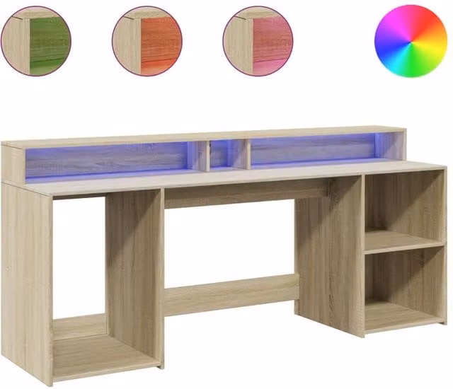Berkfield Home Gaming Desk with LED Lights in Sonoma Oak, W/D/H: 200 x 55 x 91 cm