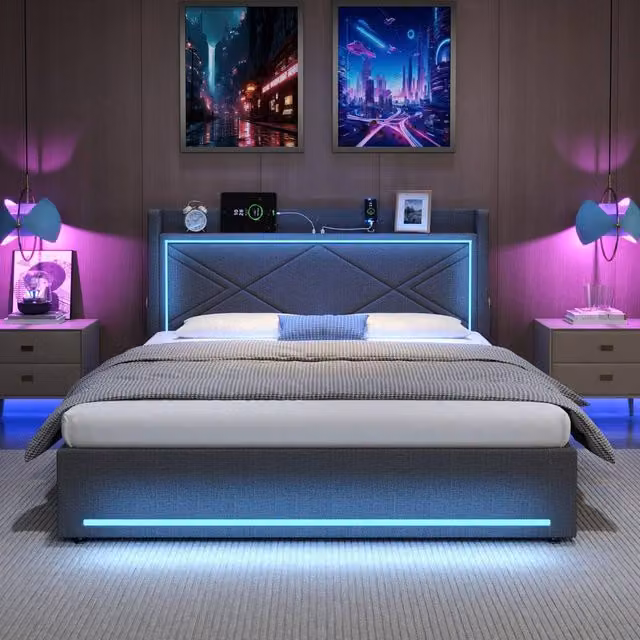 Merax Grey Fabric Upholstered Hydraulic Storage Bed with LED Lighting, USB Charging Port and Bedside Shelf, W/D/H: 180 x 200 cm