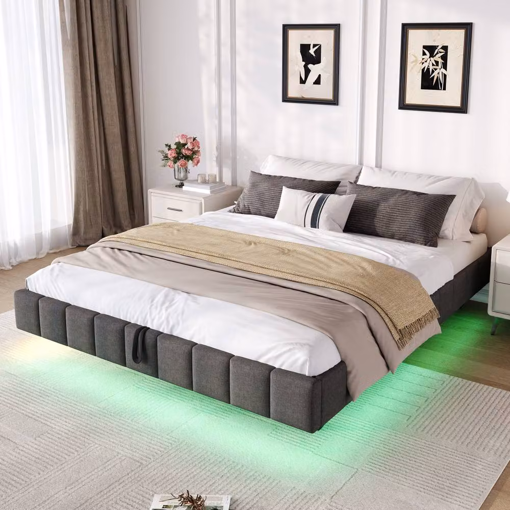 Rolipo Double Floating Bed Frame with Hydraulic Storage and LED Lights in Grey, W/D/H: 140 x 200 cm – 4