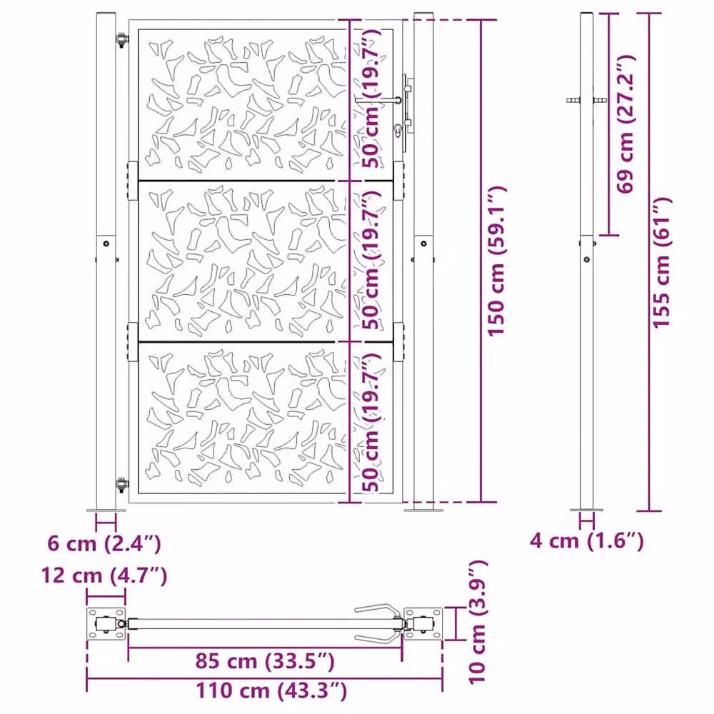 Berkfield Brown Weathering Steel Garden Gate with Leaf Design, W: 105 cm, H: 155 cm – 6