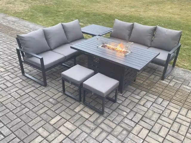 Fimous 8 Seater Outdoor Garden Furniture Set with Gas Fire Pit Dining Table and 2 Footstools in Dark Grey