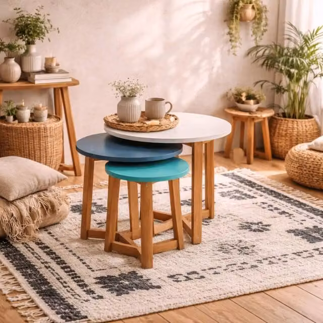 Wyld Haus Set of 3 Birr Round Solid Oak Nesting Tables in Sand