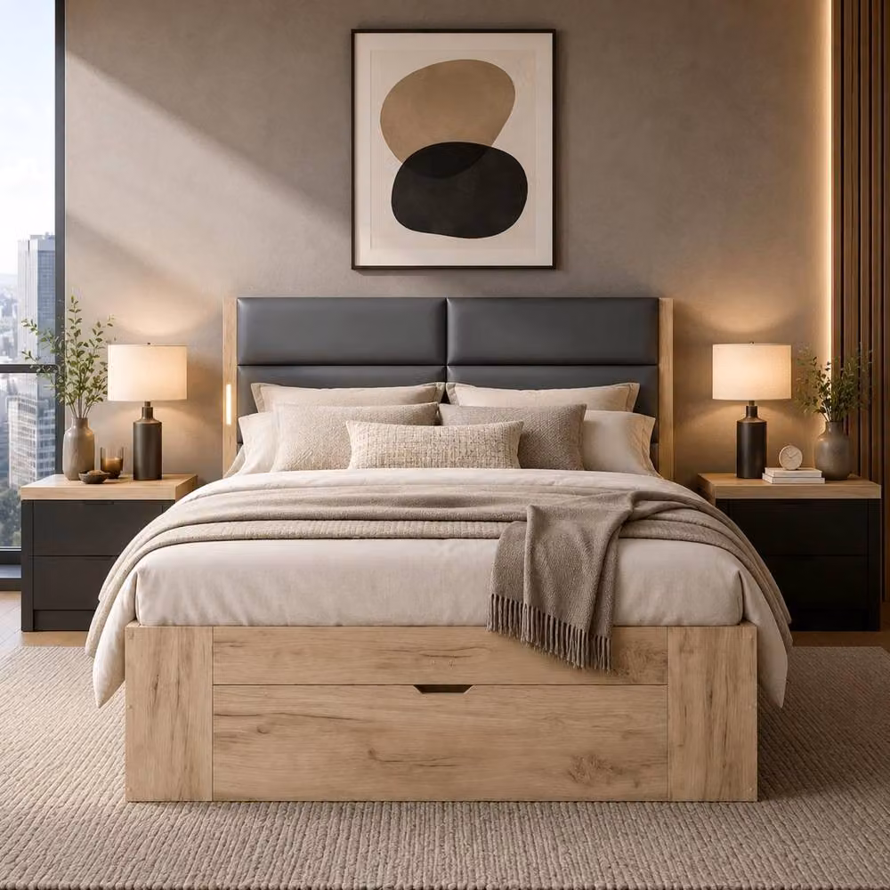ModernLuxe Wood Frame Storage Bed in Brown with 3 Drawers, Bedside Shelves and Integrated LED Light, W/D/H: 140 x 90 x 200 cm – 2