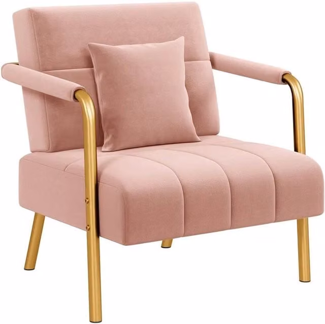 VOGREX Pink Velvet Accent Armchair with Gold Legs and Pillow – 1