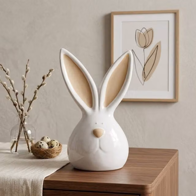 Garden Greatness Springtime Large Bunny Head Ceramic Ornament in White and Multicolour