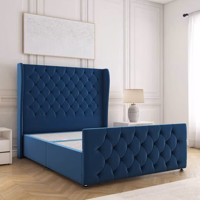 BSSPOKE Anna Blue Plush Velvet Divan Bed Frame with 54 inch Headboard, Double Size, W/D/H: 140 x 200 cm
