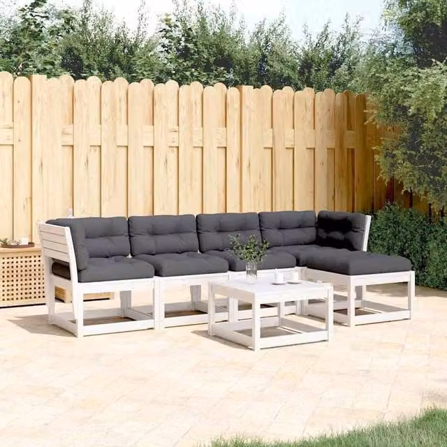 Berkfield Home 5 Piece L-Shape Garden Sofa Set with Fabric Cushions in White Solid Pine Wood
