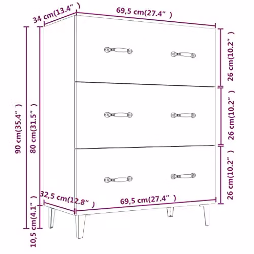 vidaXL Modern Smoked Oak Sideboard in Brown, W/D/H: 69.5 x 34 x 90 cm – 3