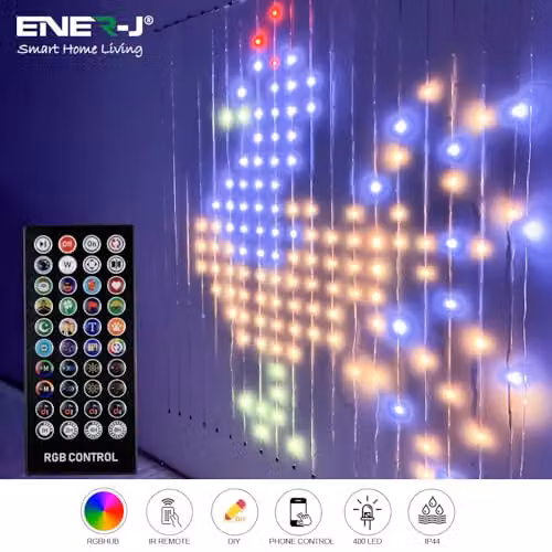 ENERJ Smart RGB LED Curtain Lights, Multicolour, 2 x 2m with 400 LEDs, Remote Control and 3m Extension Cable Included – 2