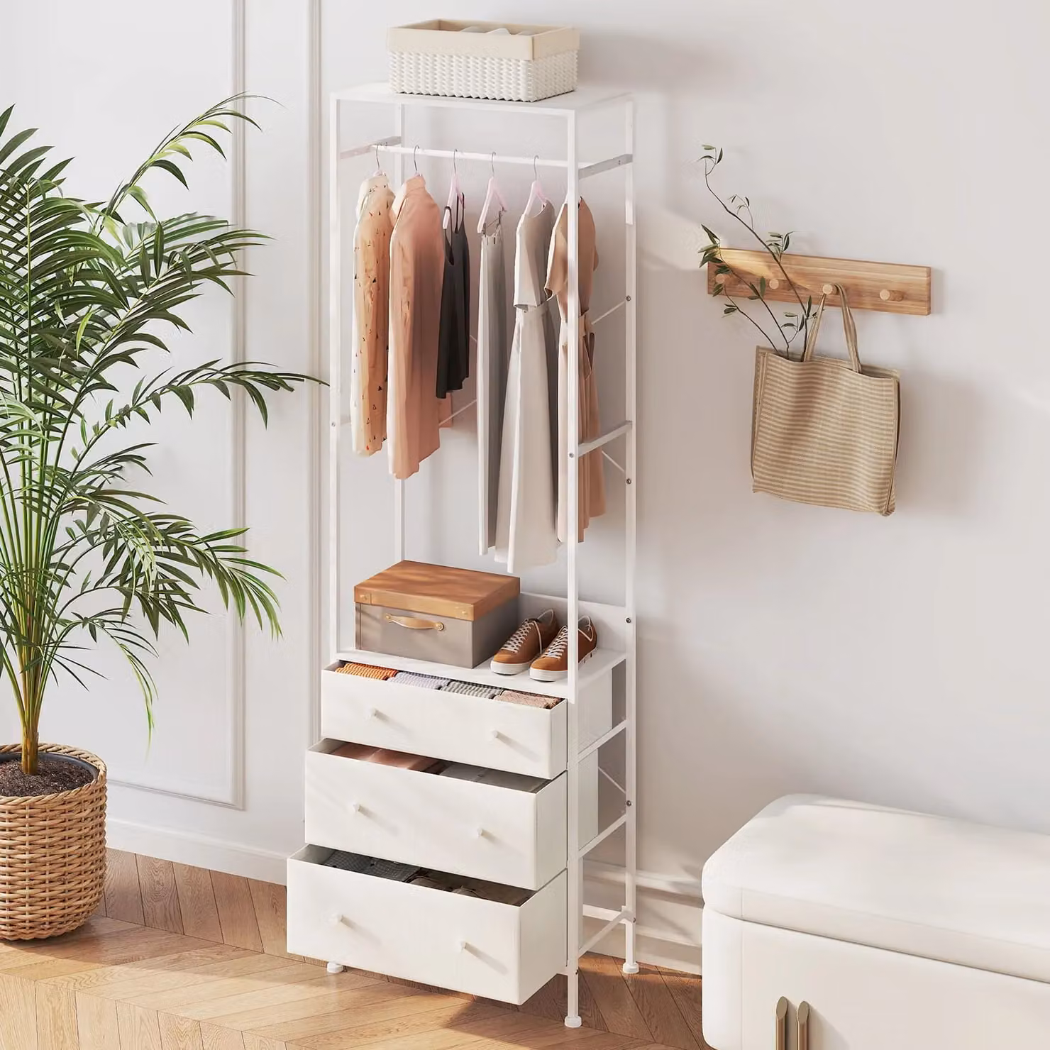 Gymax Freestanding Clothes Rack Closet Organiser with Drawers in White – 2