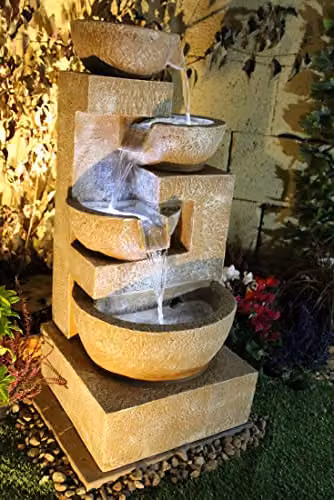 Tranquillity Sparkling Bowls Modern Red and Beige Stone Water Feature with Cascade Waterfall – 5