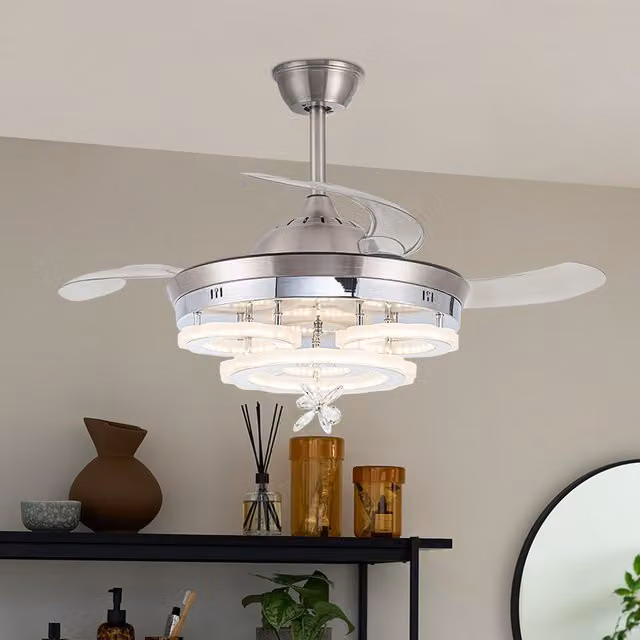 Livingandhome Modern LED Ceiling Fan Light with Crystal Ring Decoration in White and Silver