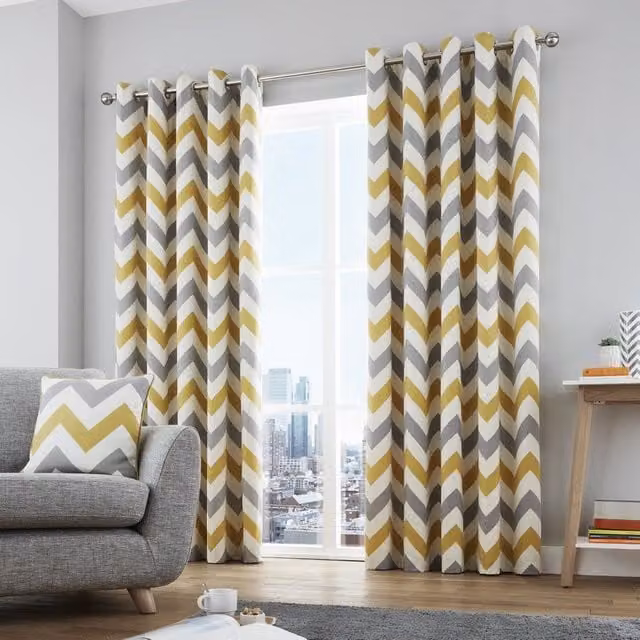 Terrys Fusion Chevron Ready Made Eyelet Curtains in Yellow, Silver and Grey