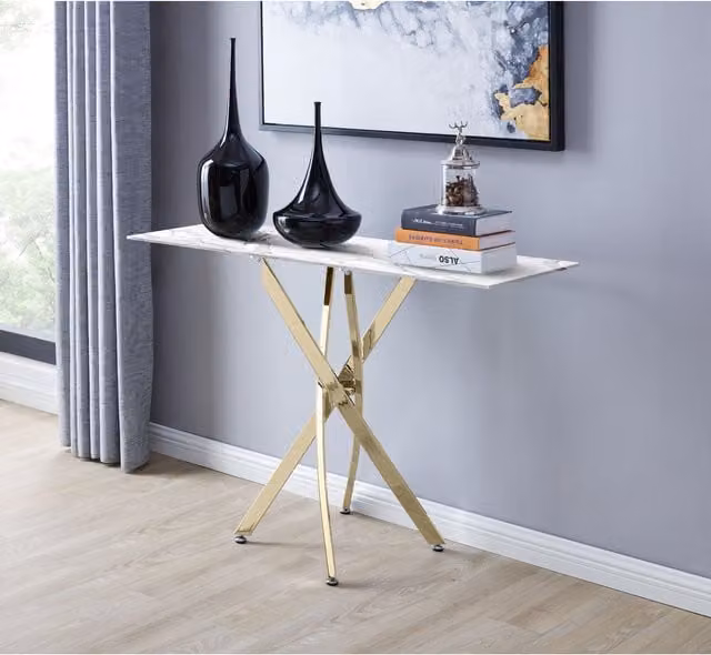 FurnitureboxUK Leonardo Console Table with White Marble Effect Glass Top and Gold X-Frame Metal Legs