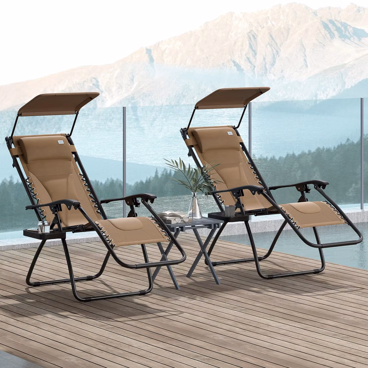 Outsunny Set of 2 Zero Gravity Lounger Chairs in Brown with Sun Canopy, Cup Holders and Adjustable Headrest – 2