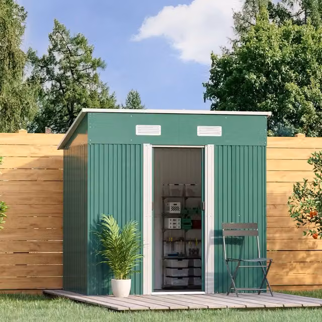 Livingandhome Metal Pent Garden Storage Shed with Double Doors, Green, Height: 194 cm