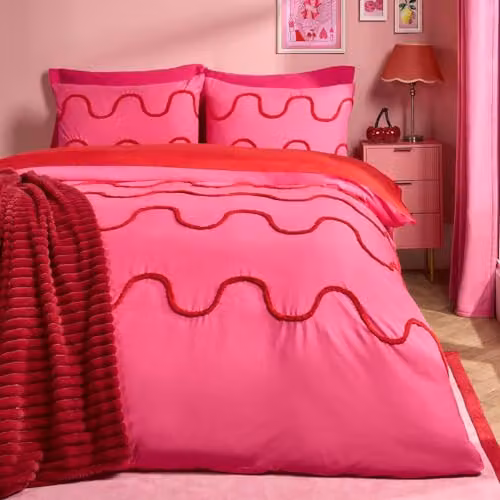 OHS Modern Tufted Wave Double Duvet Cover Set with Pillowcases in Pink and Red, W/D/H: 200 x 200 cm
