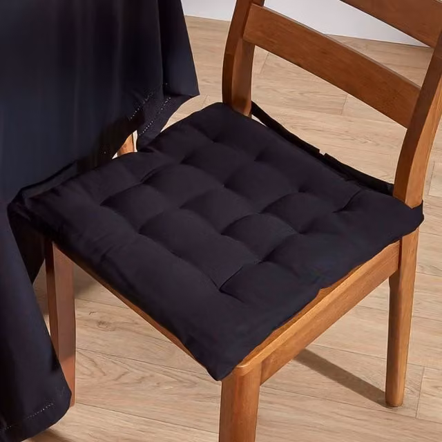 Homescapes Black Square Cotton Seat Pad with Tie Cords (Set of 4)