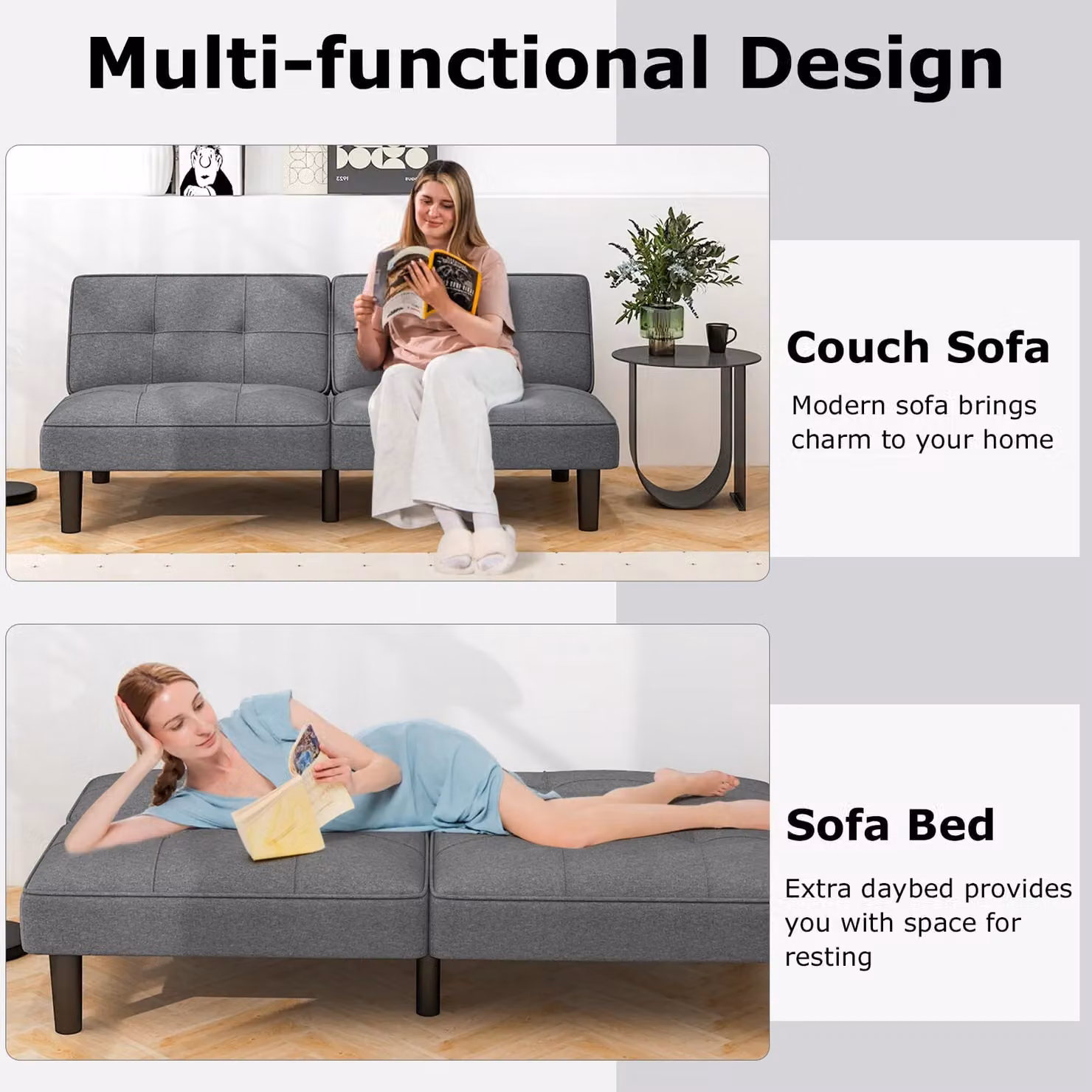 Gymax Modern Grey Linen Fabric Upholstered Convertible Futon Sofa Bed with Solid Wood Frame – 5