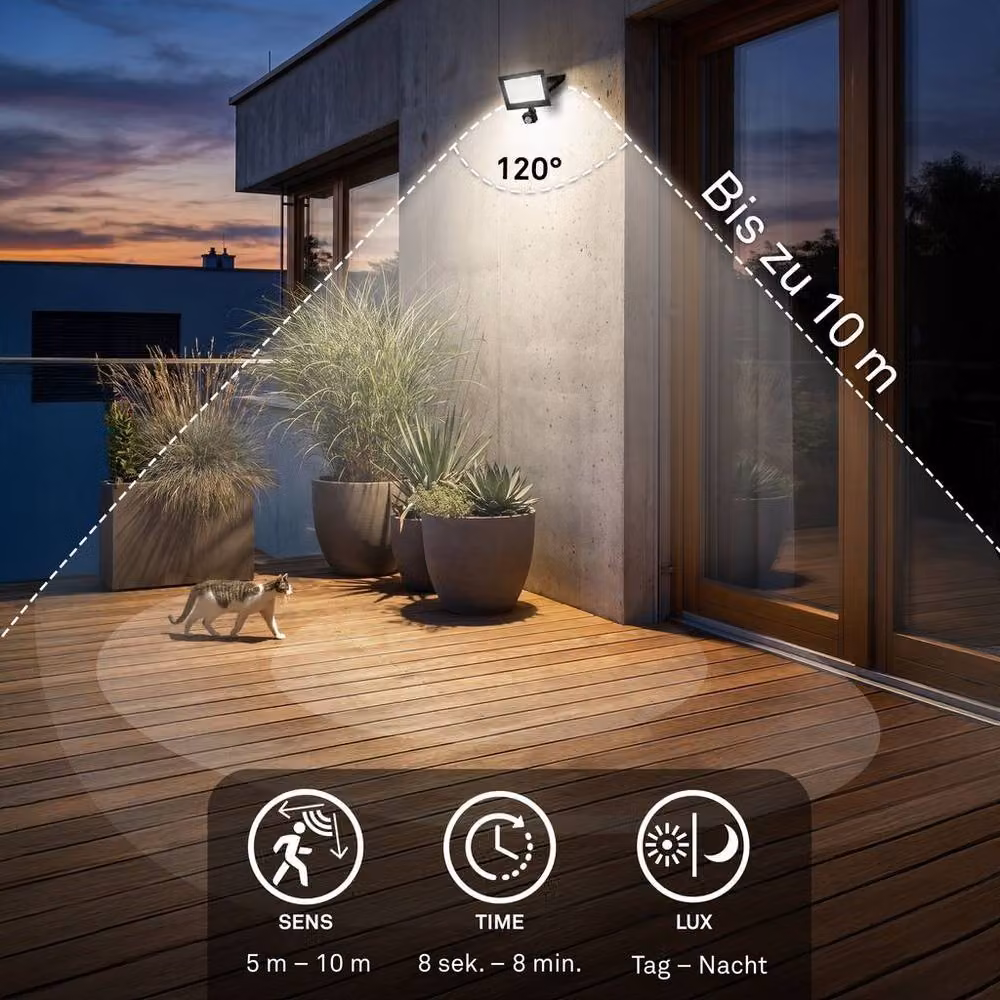 Briloner Black LED Outdoor Floodlight with Motion and Dusk Sensor, 50W, 4500lm, IP65, W/D/H: 21 x 17.5 x 4 cm – 5