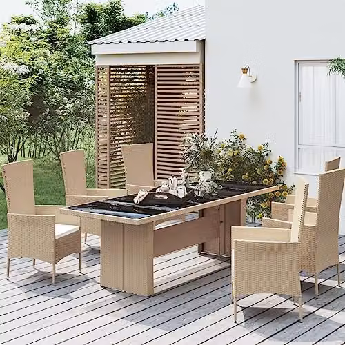 vidaXL Beige Poly Rattan Garden Table with Tempered Glass Top, W: 240 cm, D: 90 cm, H: 75 cm – 2