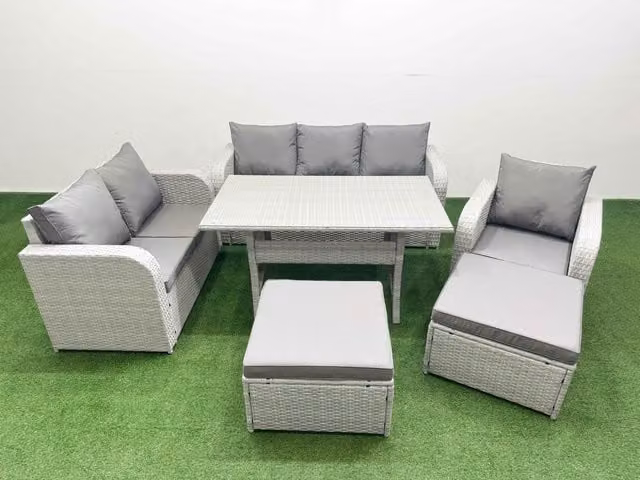 Fimous Patio 8 Seater Grey PE Wicker Rattan Outdoor Furniture Set with Rectangular Dining Table, Reclining Chairs, Loveseat and 3 Seater Sofa