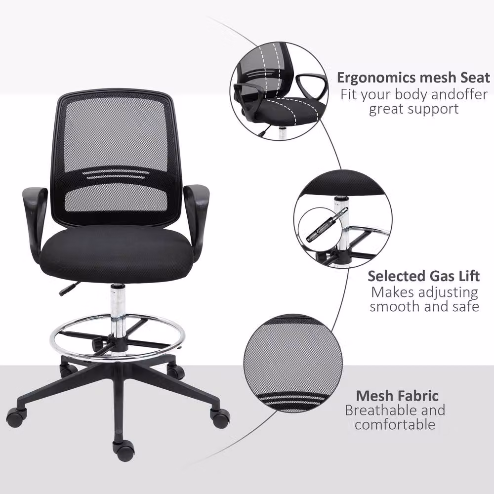 ERGOVEXA Black Fabric Drafting Chair with Foot Ring, Armrests and Swivel Castors, H 120 x W 66 x D 68 cm – 2