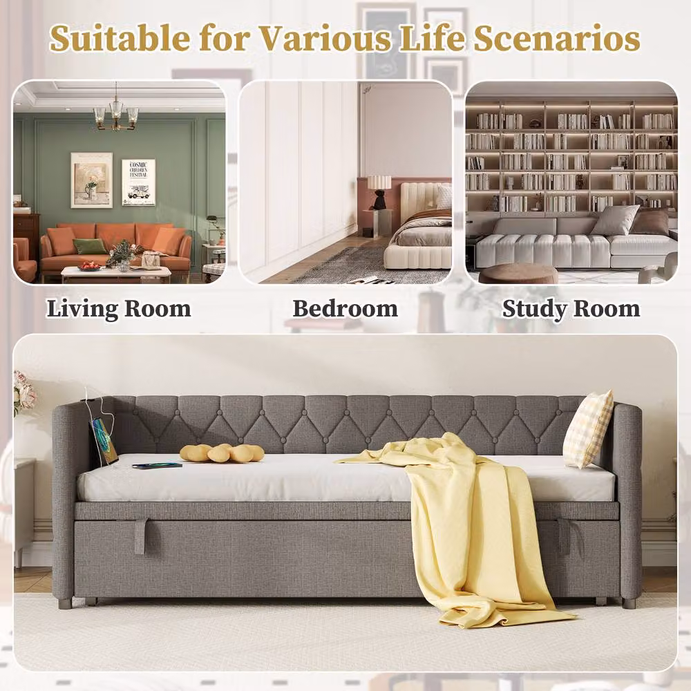 Merax 3ft Single Upholstered Daybed Sofa Bed with USB Charging Port and Trundle in Grey, W/D/H: 190 x 90 x 71 cm – 3