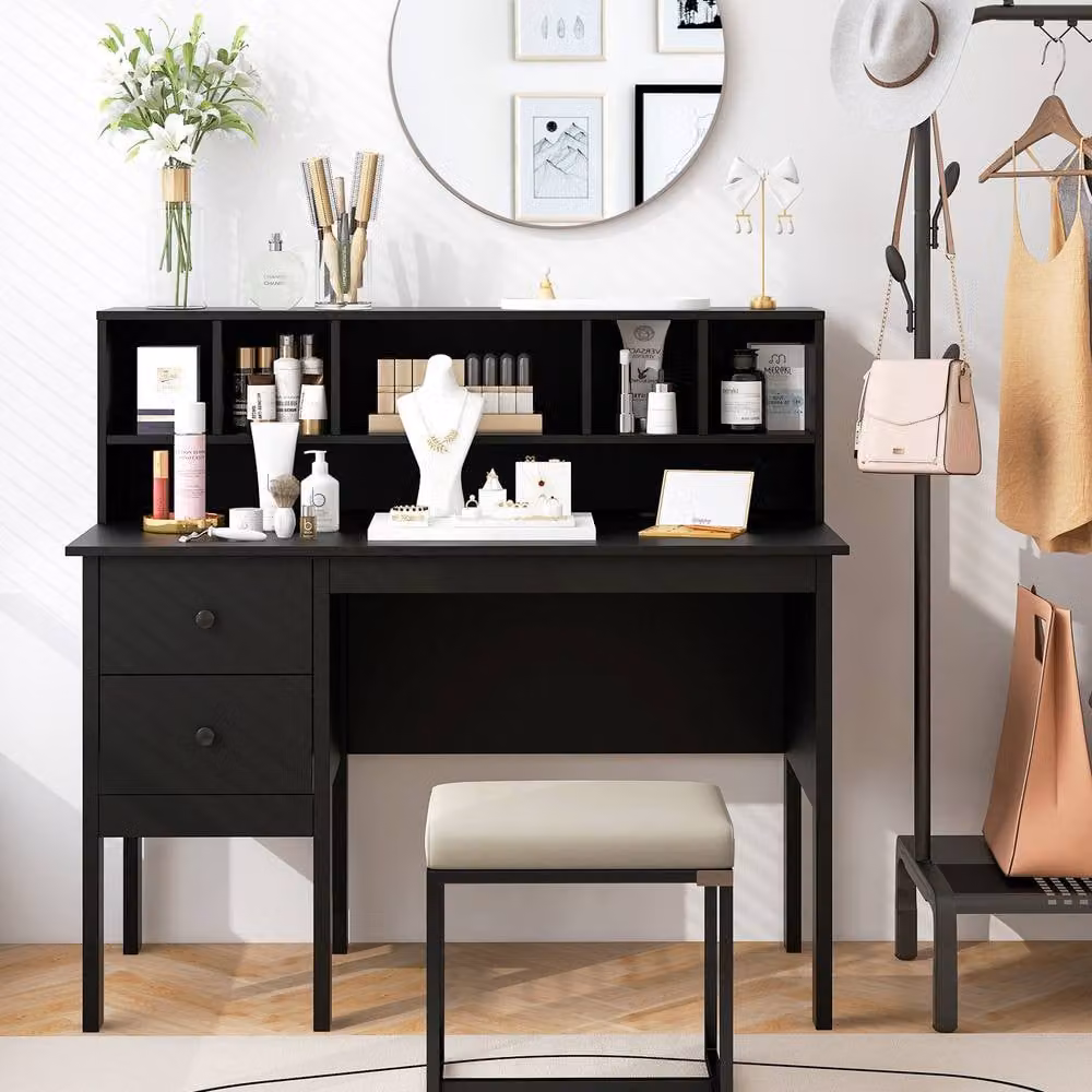Costway Black Computer Desk with Power Outlets and Drawers, 120 cm Width – 8
