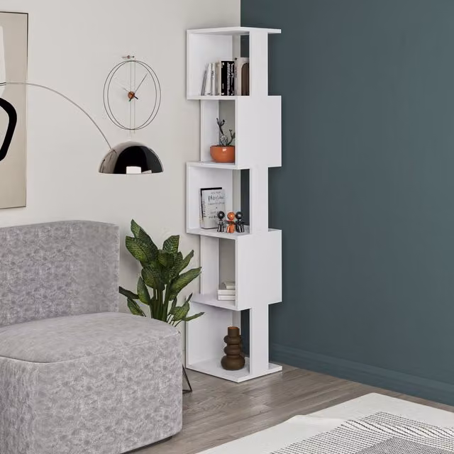 Decortie Piri Modern Five Tier Geometric Bookcase in White, H 161.0 x W 30.0 x D 14.5 cm