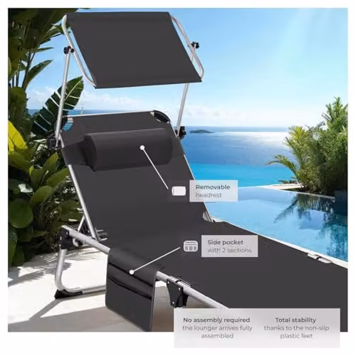 tectake Black Aluminium Folding Sun Lounger with Sun Canopy and Adjustable Headrest – 4