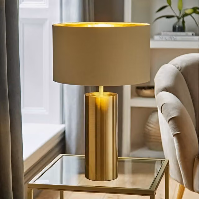 ValueLights Lexy Antique Brass Touch Table Lamp with Beige Fabric Drum Shade and LED Bulb, Gold