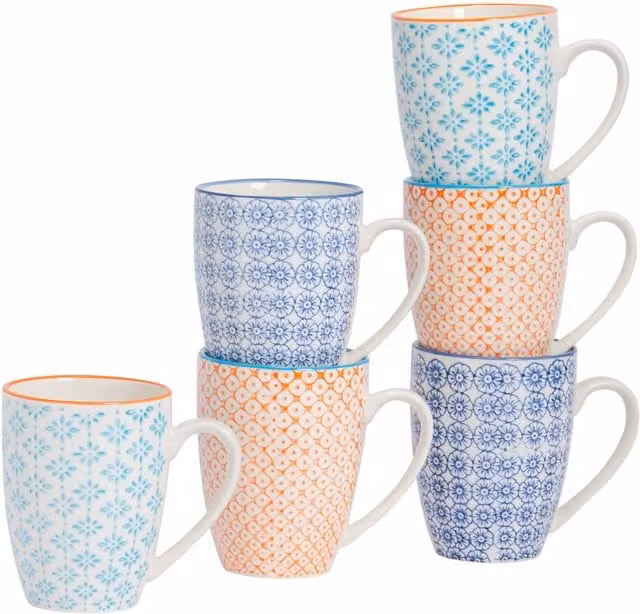 Nicola Spring Floral Hand-Printed Stoneware Mugs, Multicolour, Pack of 6, 360ml