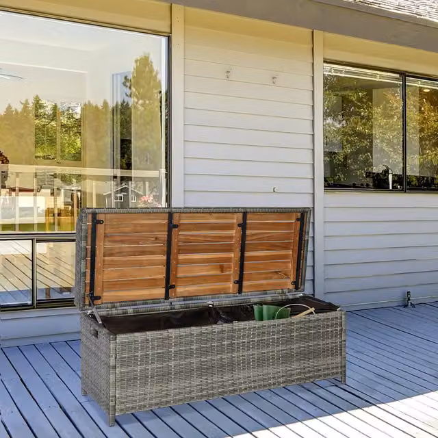 Outsunny Grey Wicker Patio Storage Bench Box